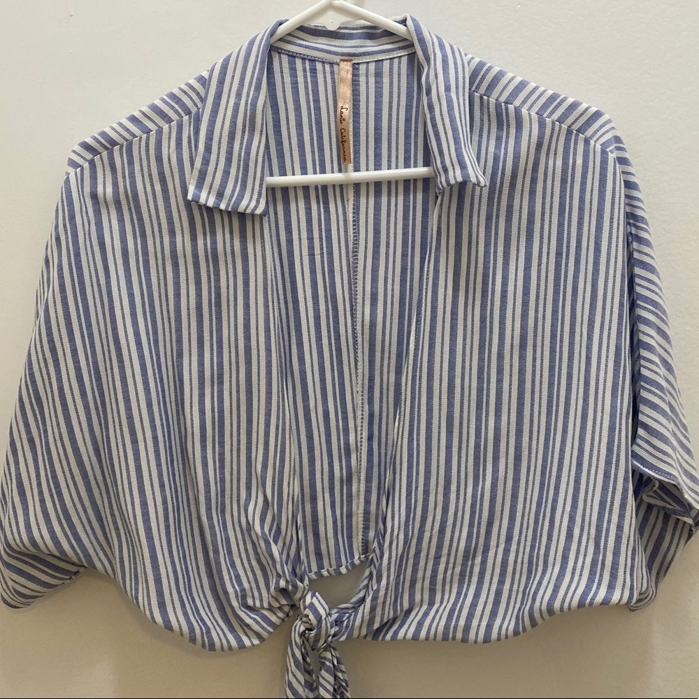White & Blue Stripped Crop Top With Front Tye